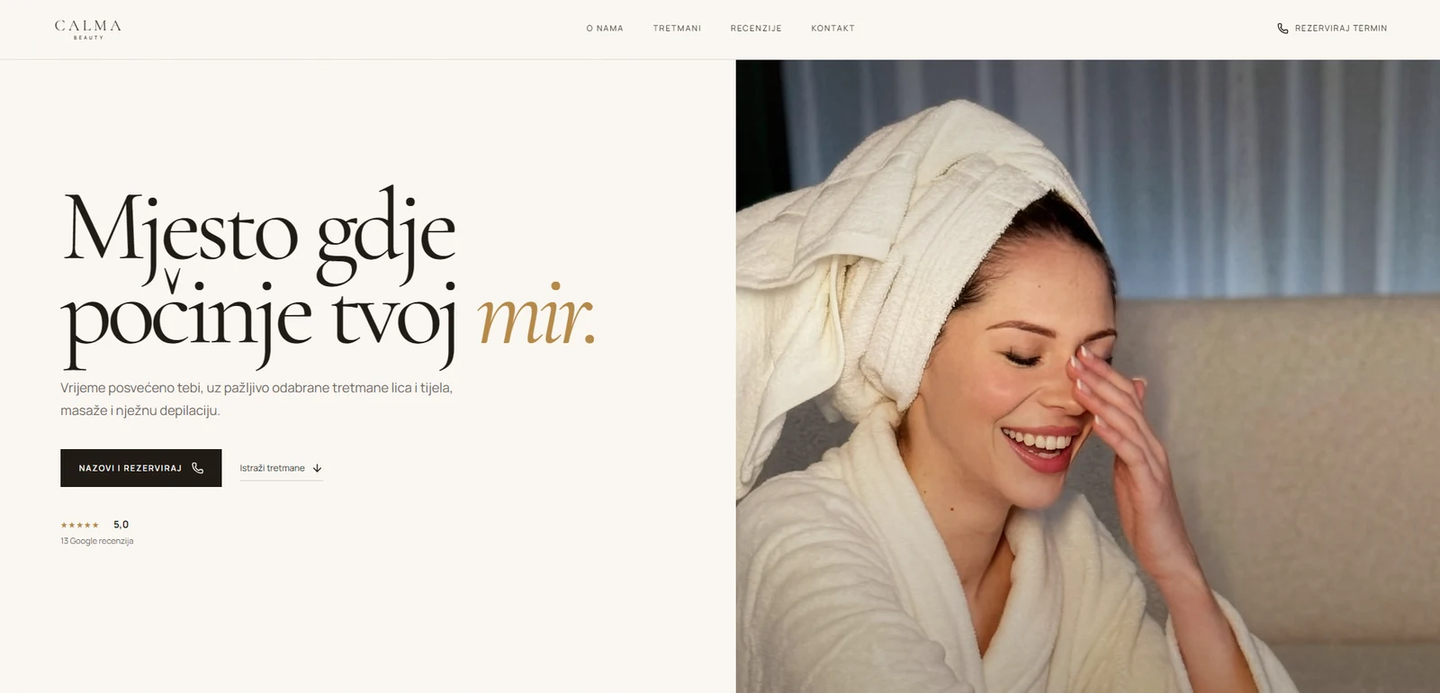 Calma Beauty — početna stranica salona za ljepotu i njegu
